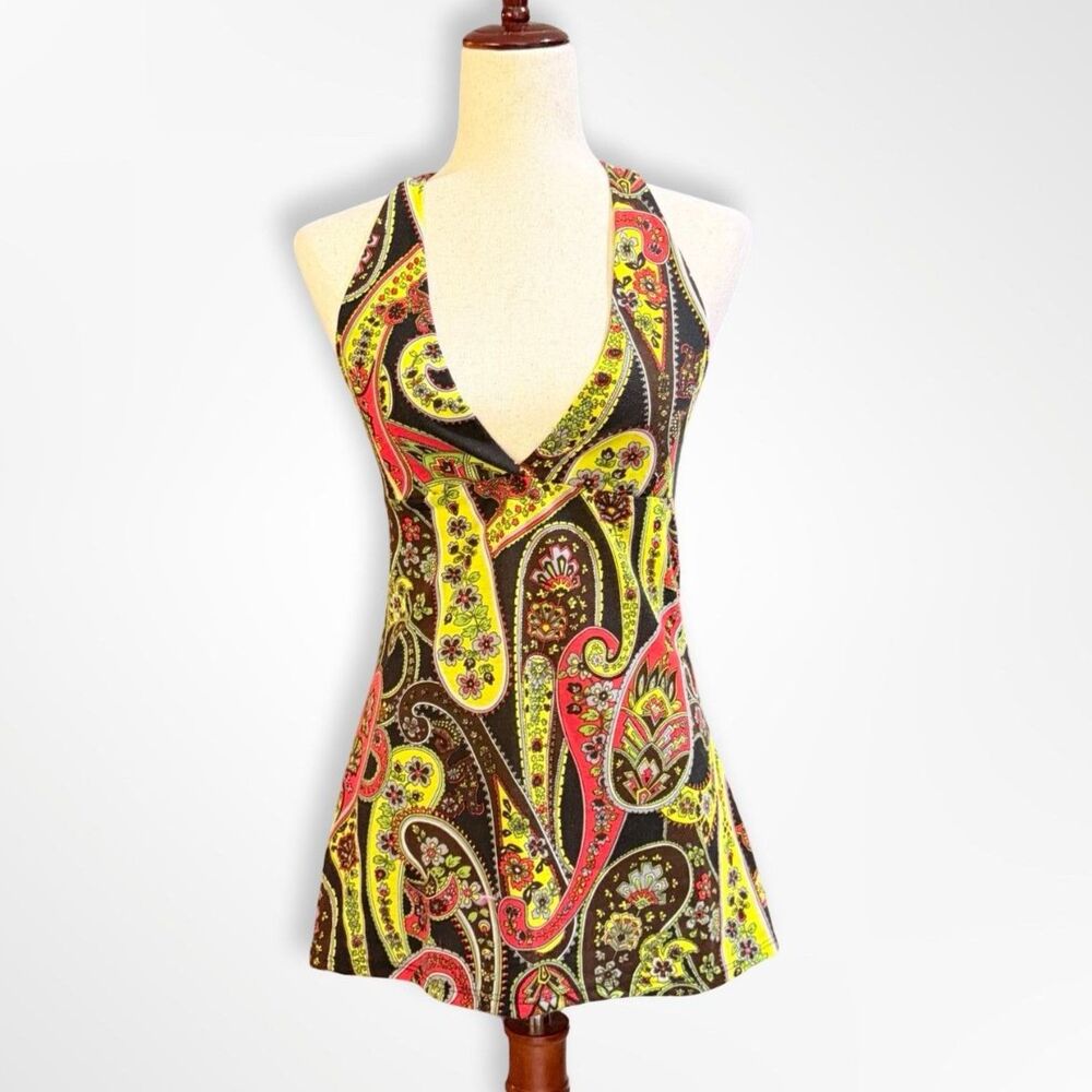 VTG Y2K Max Rave, Black Paisley Babydoll Tie Halter, XS Boho Chic Tuscan Mom - Picture 3 of 6